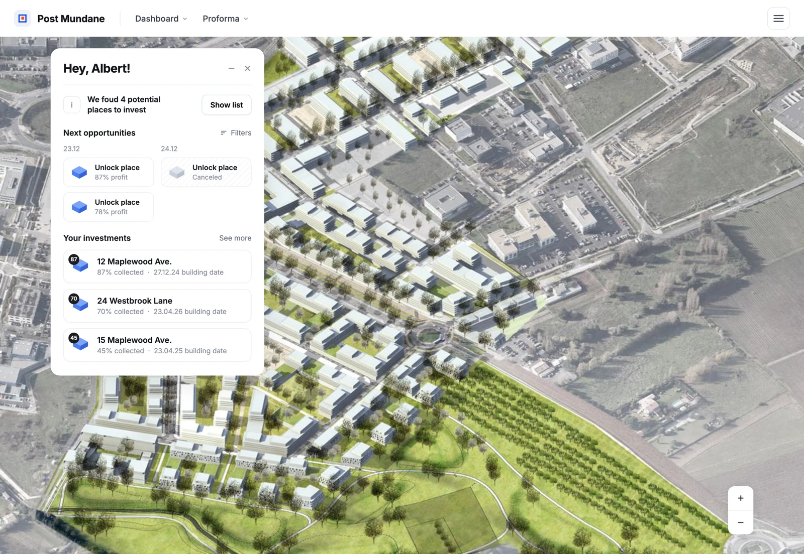 The tool’s map view: an aerial photograph of a district with a masterplan drawn over it, seen inside the dashboard as a zoomable map, with a shortlist of sites listed beside it.